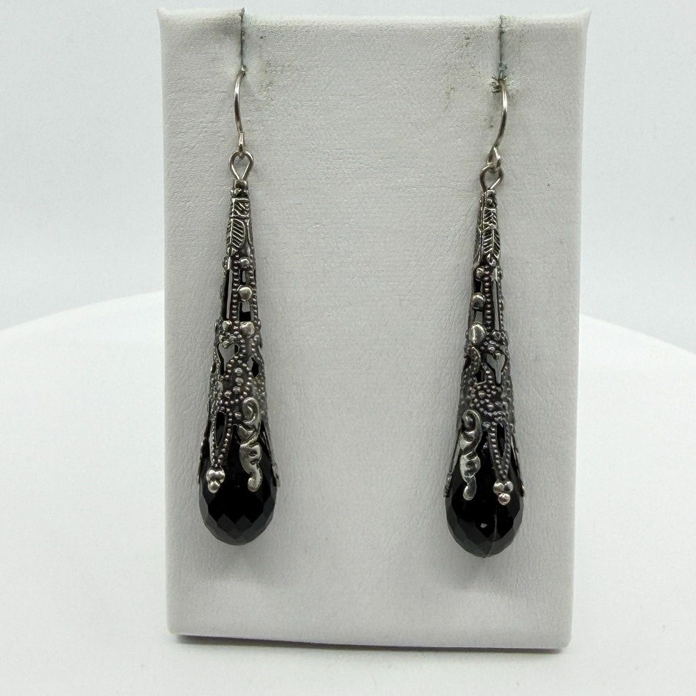 Gothic Filigree Black Teardrop Dangle Earrings Oxidized Silver Tone Statement